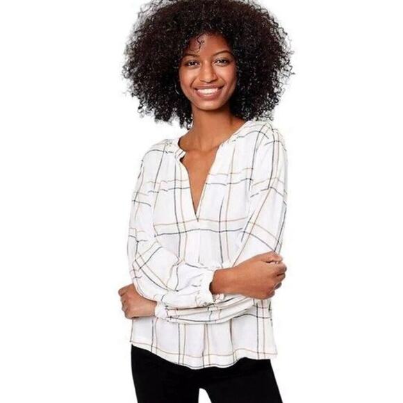 Ann Taylor Loft Tops - Ann Taylor loft plaid split neck blouson sleeve elastic cuffs blouse Large L